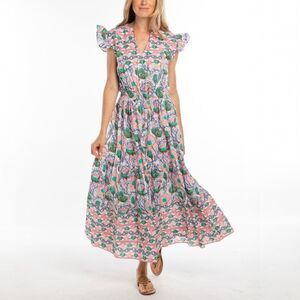 NWT Bindu Anika Dress Pink Multi Floral Ruffle Sleeve Maxi Boho Resort Sz Small